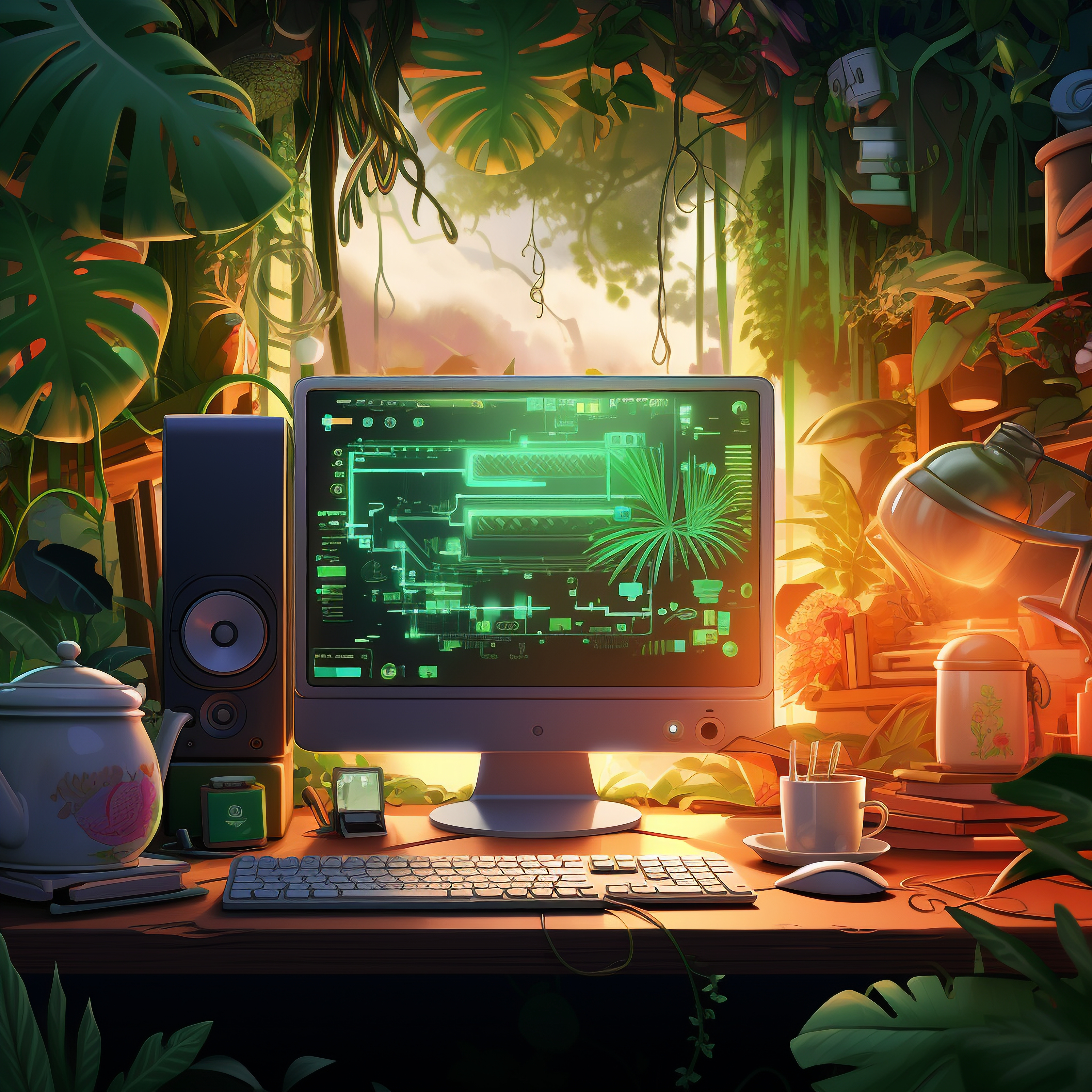 computer with vegetation